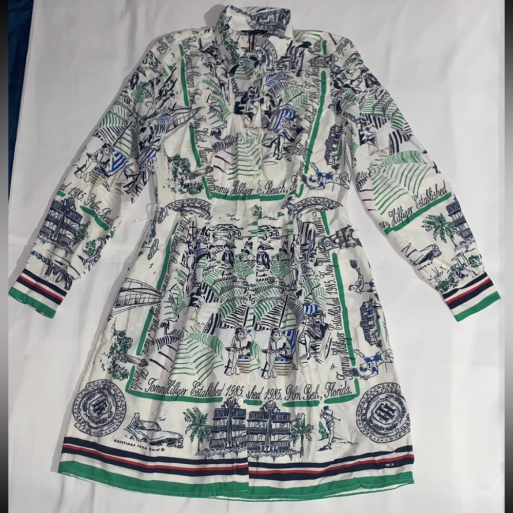 NWT Tommy Hilfiger Multi-Pattern Palm Beach Green&White Long Sleeve Button Dress